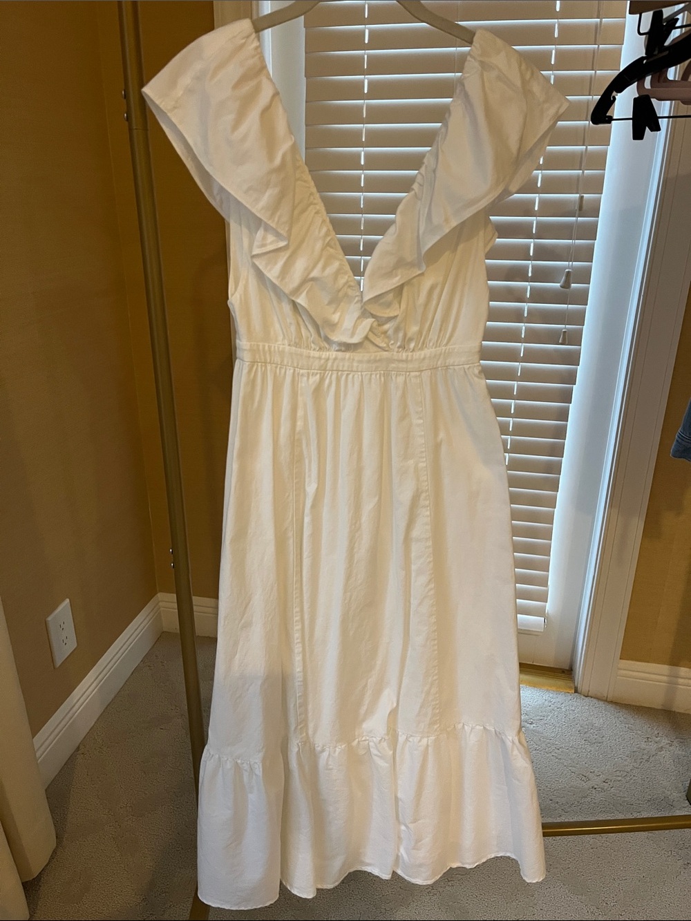 Reformation White Ruffle V-Neck Midi Dress